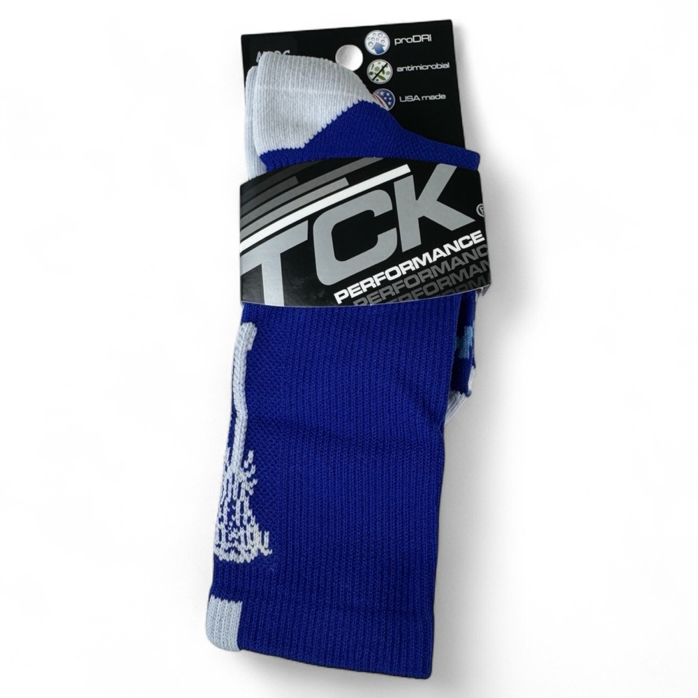 TCK Performance Lacrosse‎ Crew Socks Blue and White Unisex Size Small 1 Pair NWT